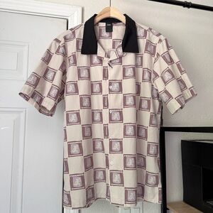 NWT FORMER black cream tan beige contrast collar checker logo button up shirt